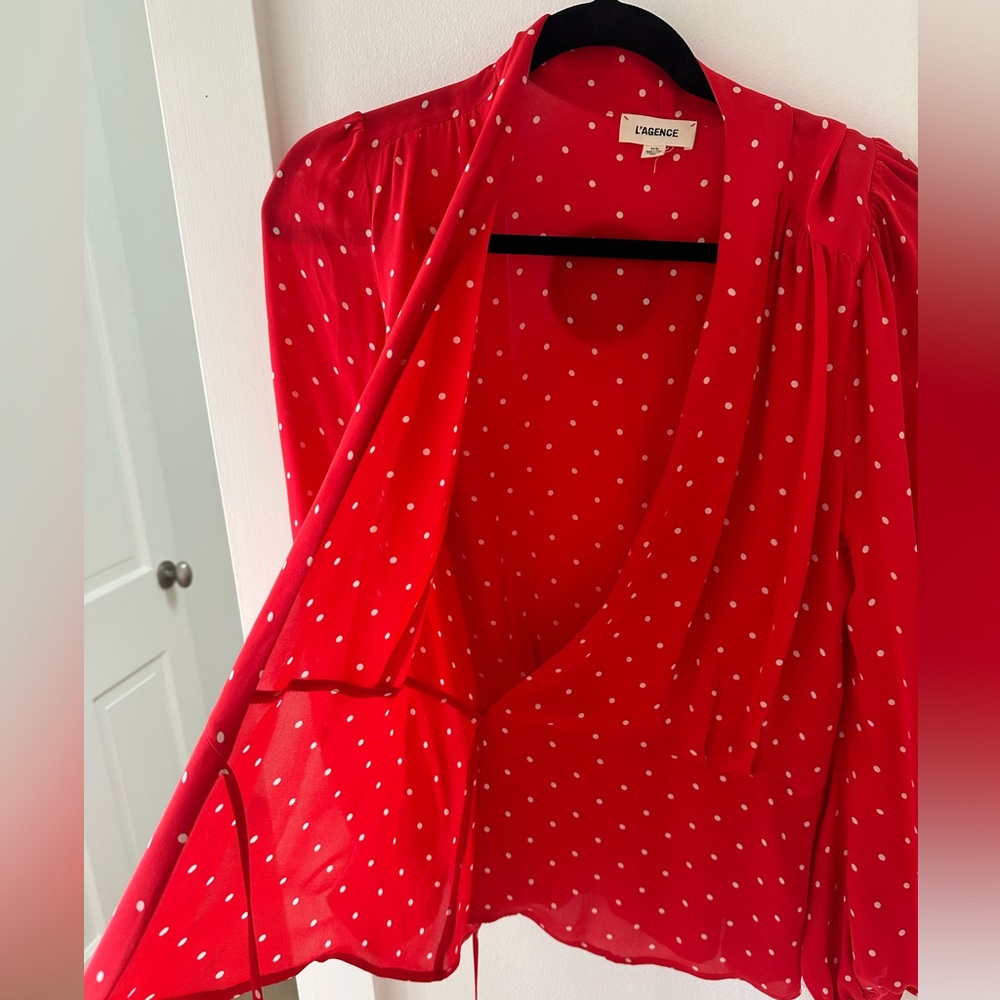 L’AGANCE Red and white polka dotted blouse with tie